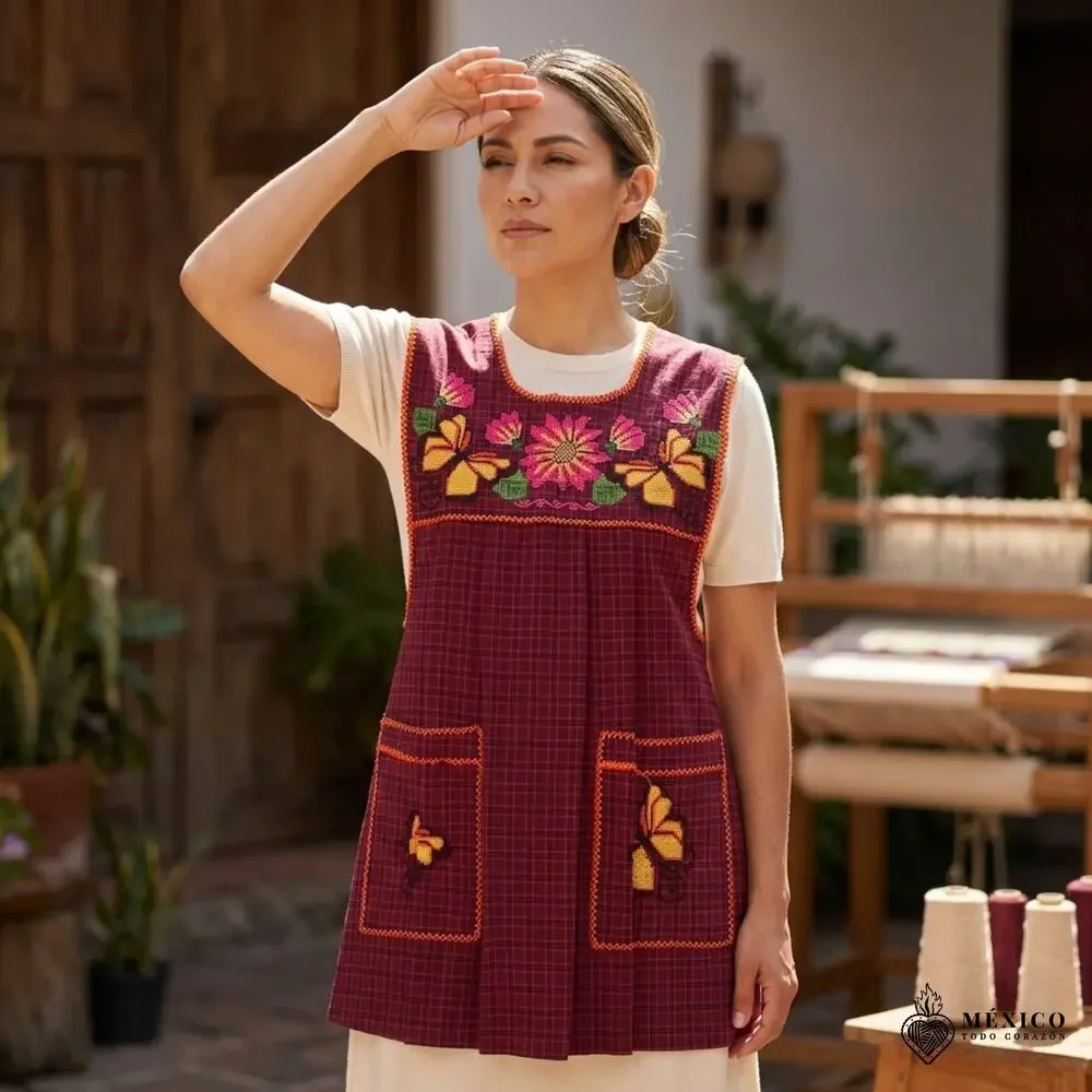 Traditional Mexican Cross-Stitch Embroidered Apron – Deluxe Artisan Smock Style